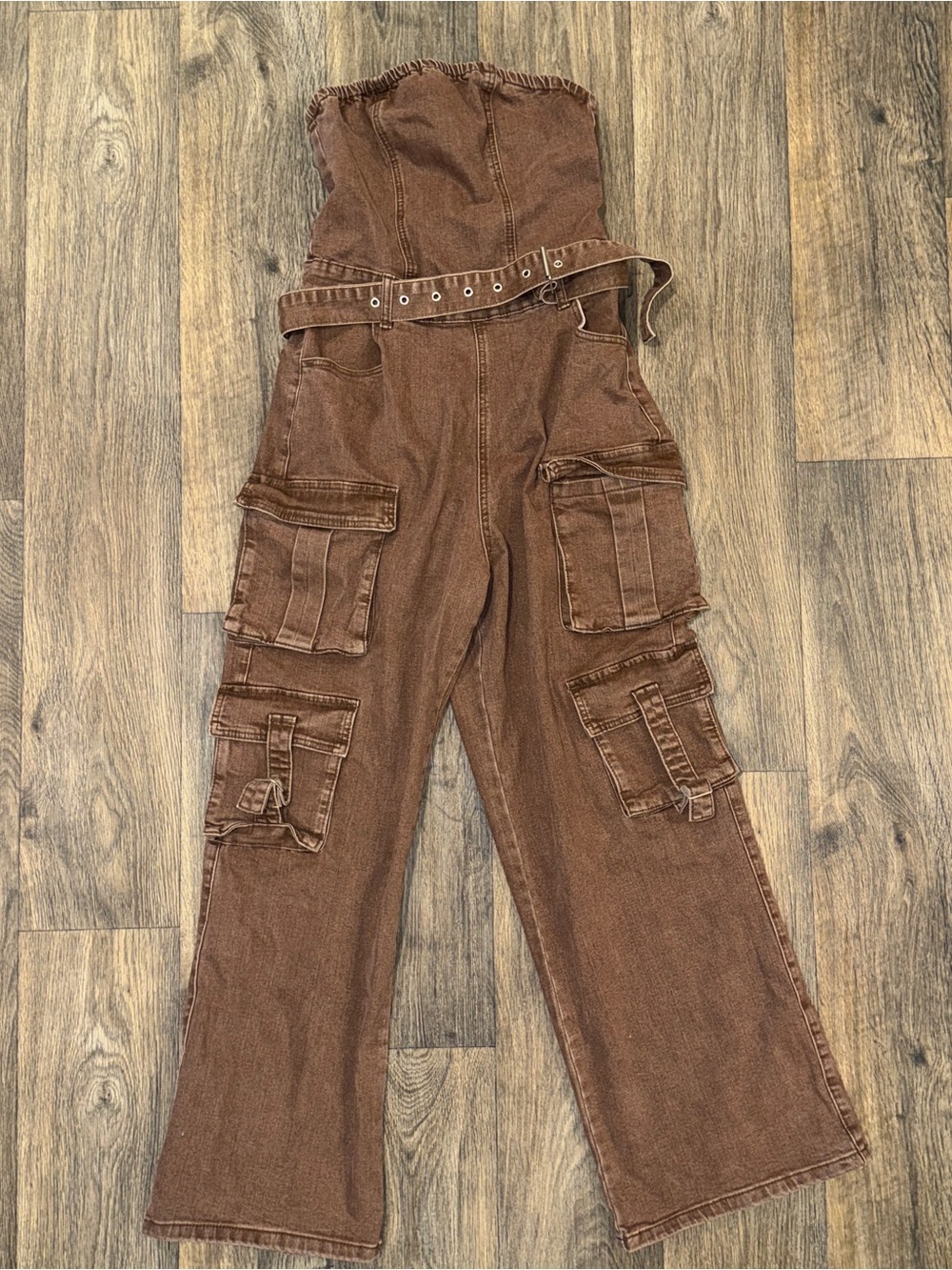 Brown Cargo Strapless Jumpsuit with Belt